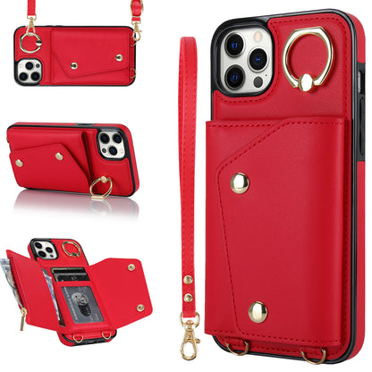Phone Case with Zipper Wallet for iPhone 12 Pro Ring Kickstand PU Leather Coated TPU Back Cover