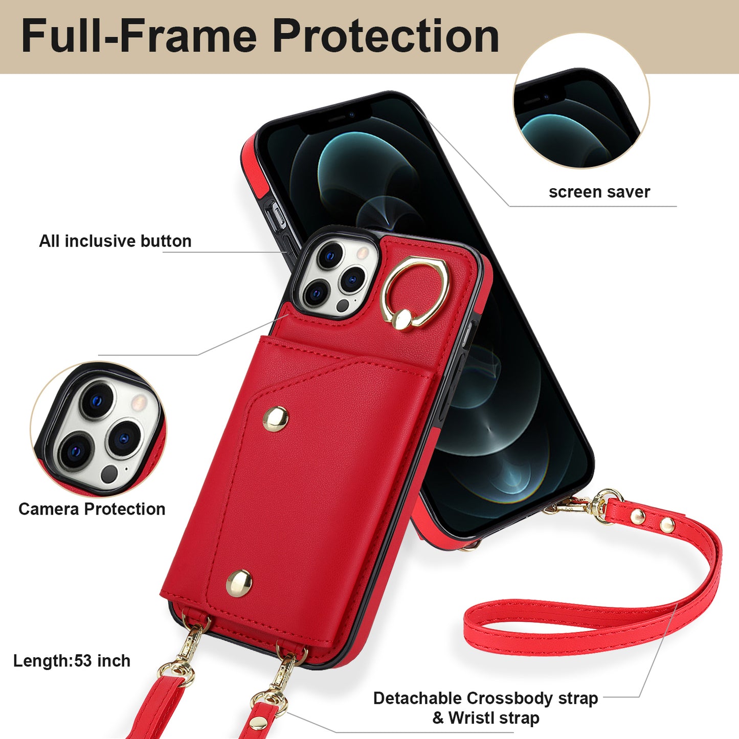 Phone Case with Zipper Wallet for iPhone 12 Pro Ring Kickstand PU Leather Coated TPU Back Cover