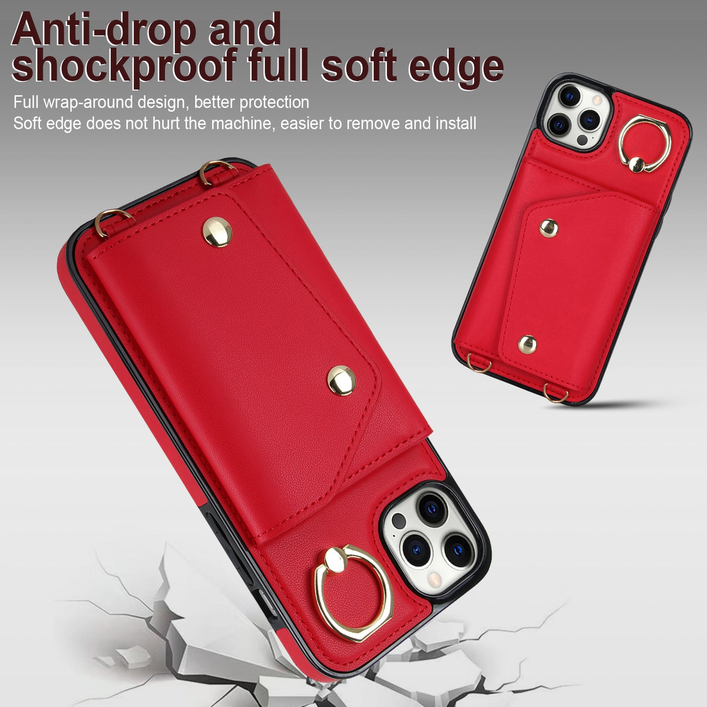 Phone Case with Zipper Wallet for iPhone 12 Pro Ring Kickstand PU Leather Coated TPU Back Cover