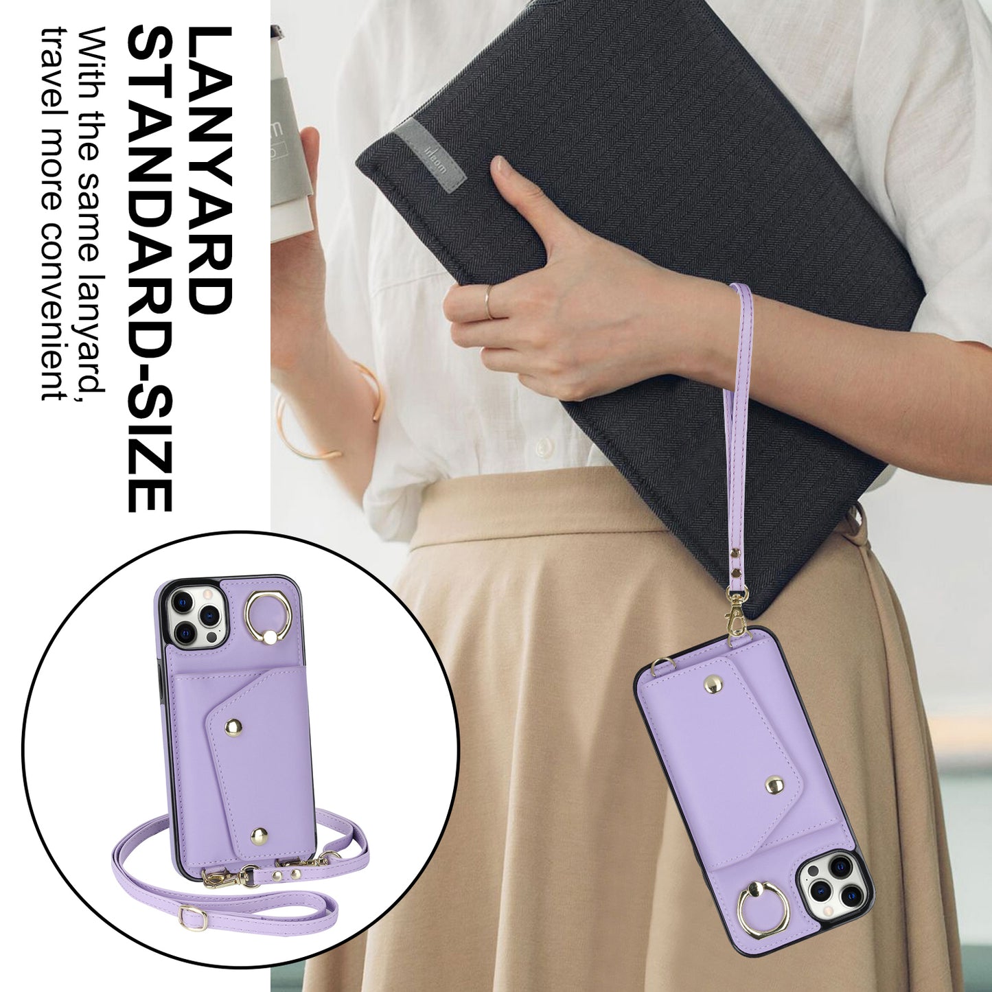 Phone Case with Zipper Wallet for iPhone 12 Pro Ring Kickstand PU Leather Coated TPU Back Cover