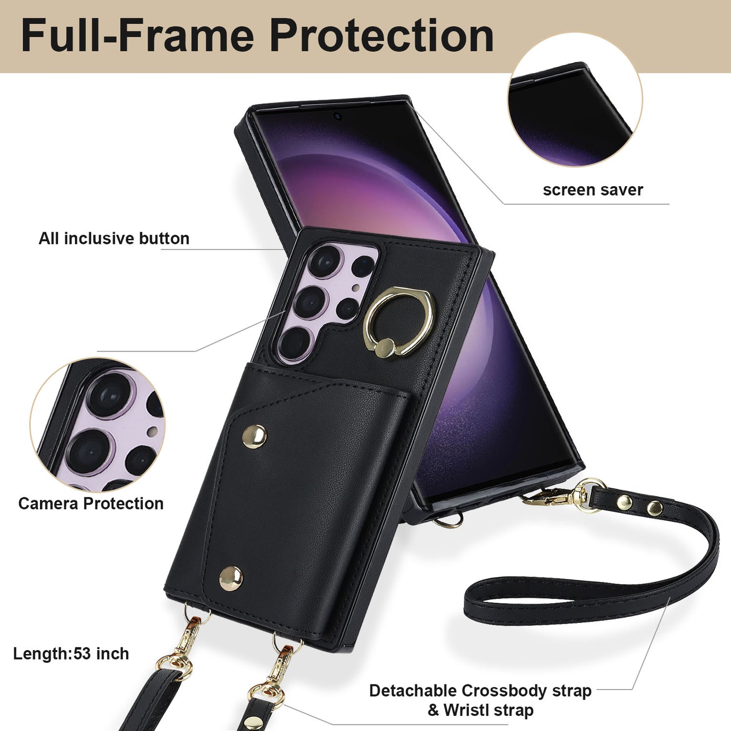 For Samsung Galaxy S23 Ultra Ring Kickstand Zipper Wallet Case PU Leather + TPU Phone Cover