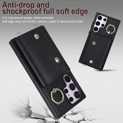 For Samsung Galaxy S23 Ultra Ring Kickstand Zipper Wallet Case PU Leather + TPU Phone Cover