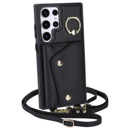 For Samsung Galaxy S23 Ultra Ring Kickstand Zipper Wallet Case PU Leather + TPU Phone Cover