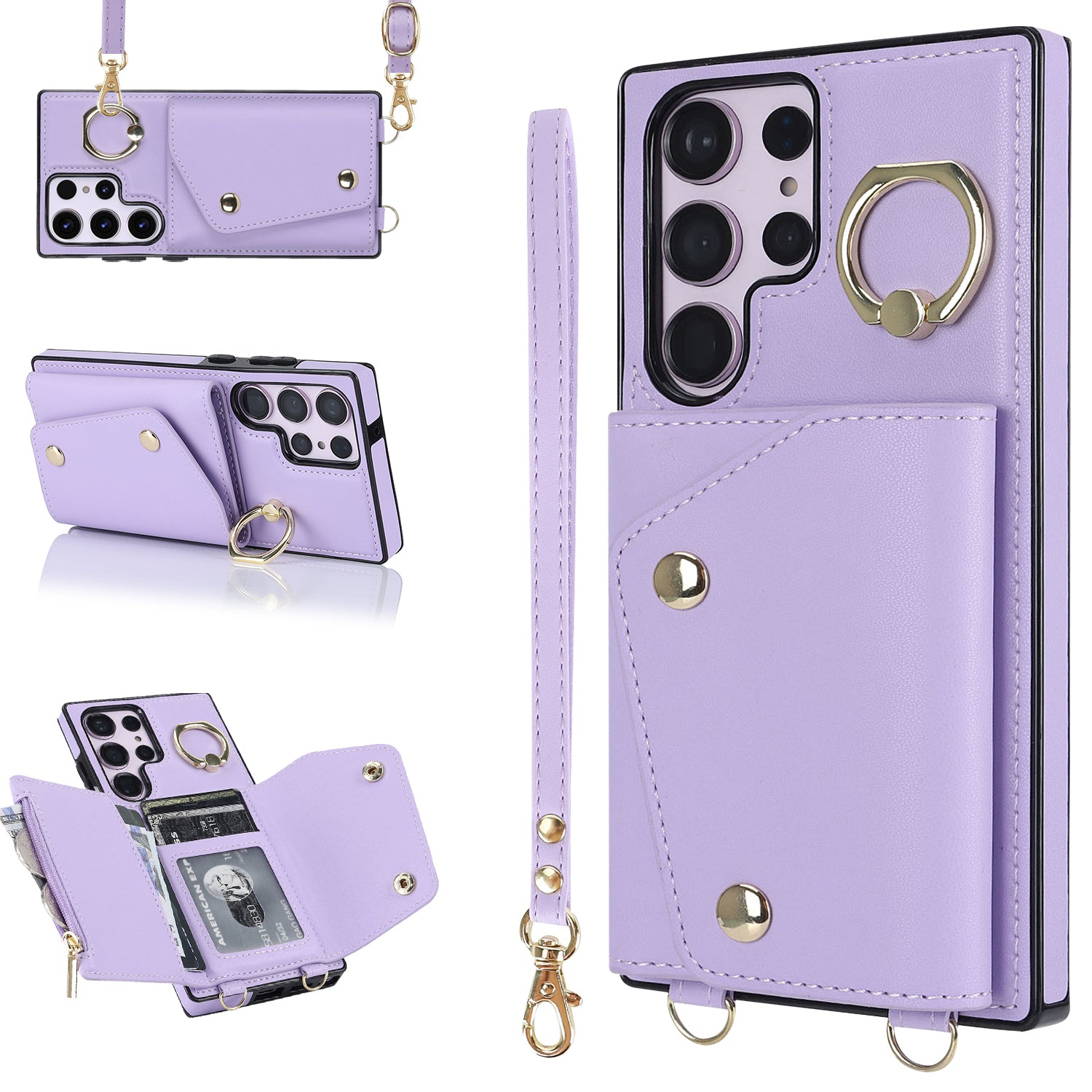 For Samsung Galaxy S23 Ultra Ring Kickstand Zipper Wallet Case PU Leather + TPU Phone Cover
