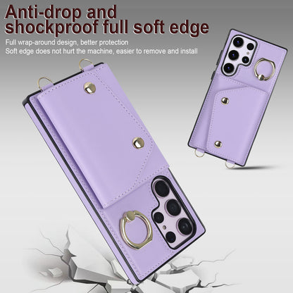 For Samsung Galaxy S23 Ultra Ring Kickstand Zipper Wallet Case PU Leather + TPU Phone Cover