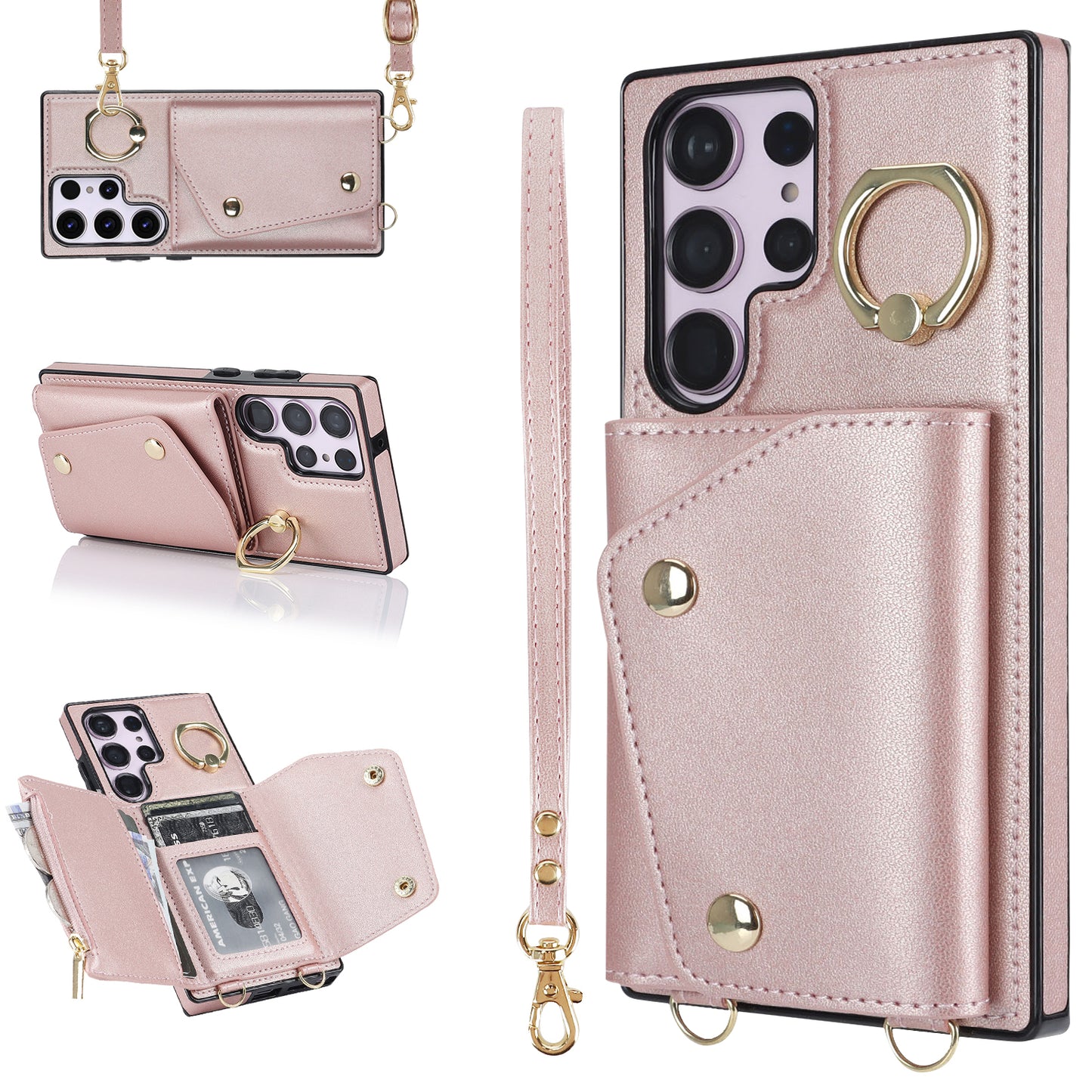 For Samsung Galaxy S23 Ultra Ring Kickstand Zipper Wallet Case PU Leather + TPU Phone Cover