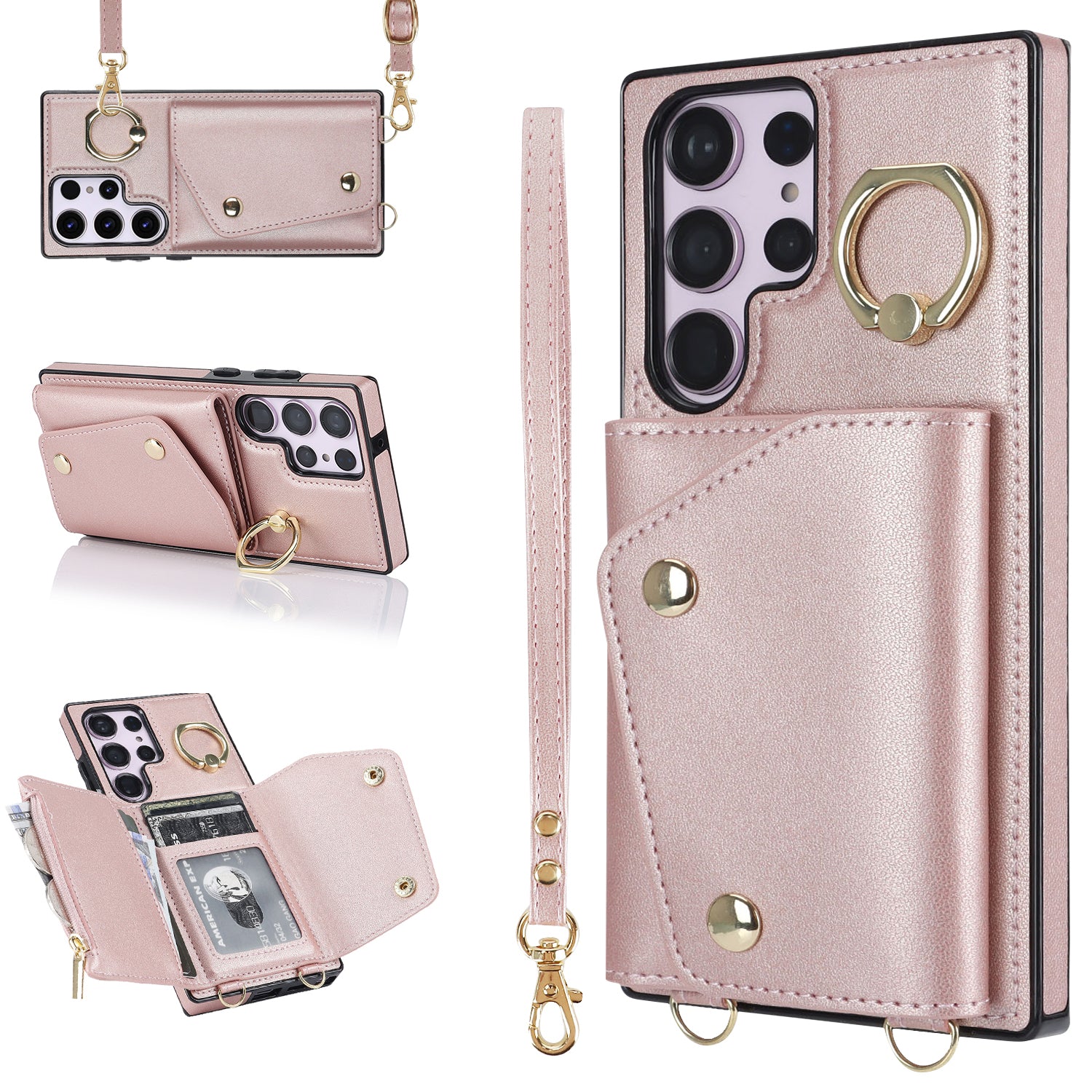 For Samsung Galaxy S23 Ultra Ring Kickstand Zipper Wallet Case PU Leather + TPU Phone Cover