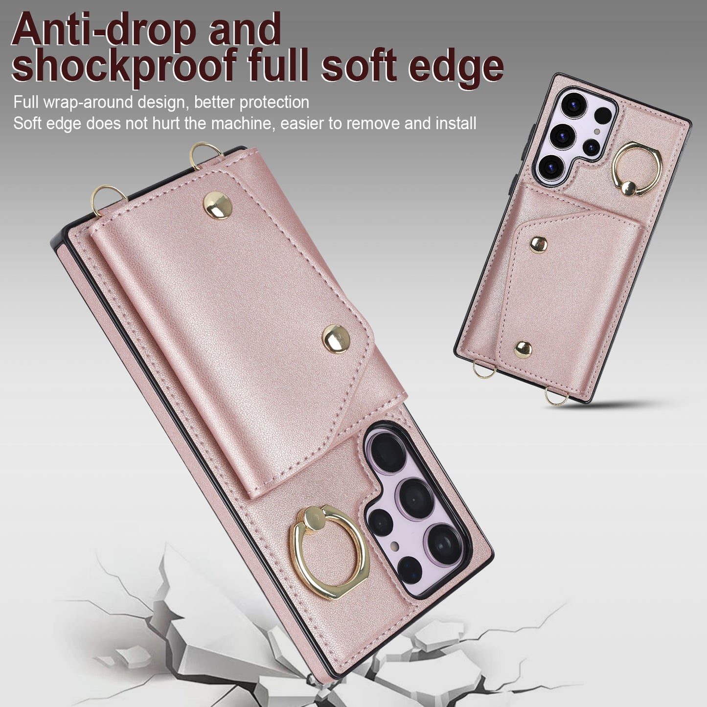 For Samsung Galaxy S23 Ultra Ring Kickstand Zipper Wallet Case PU Leather + TPU Phone Cover