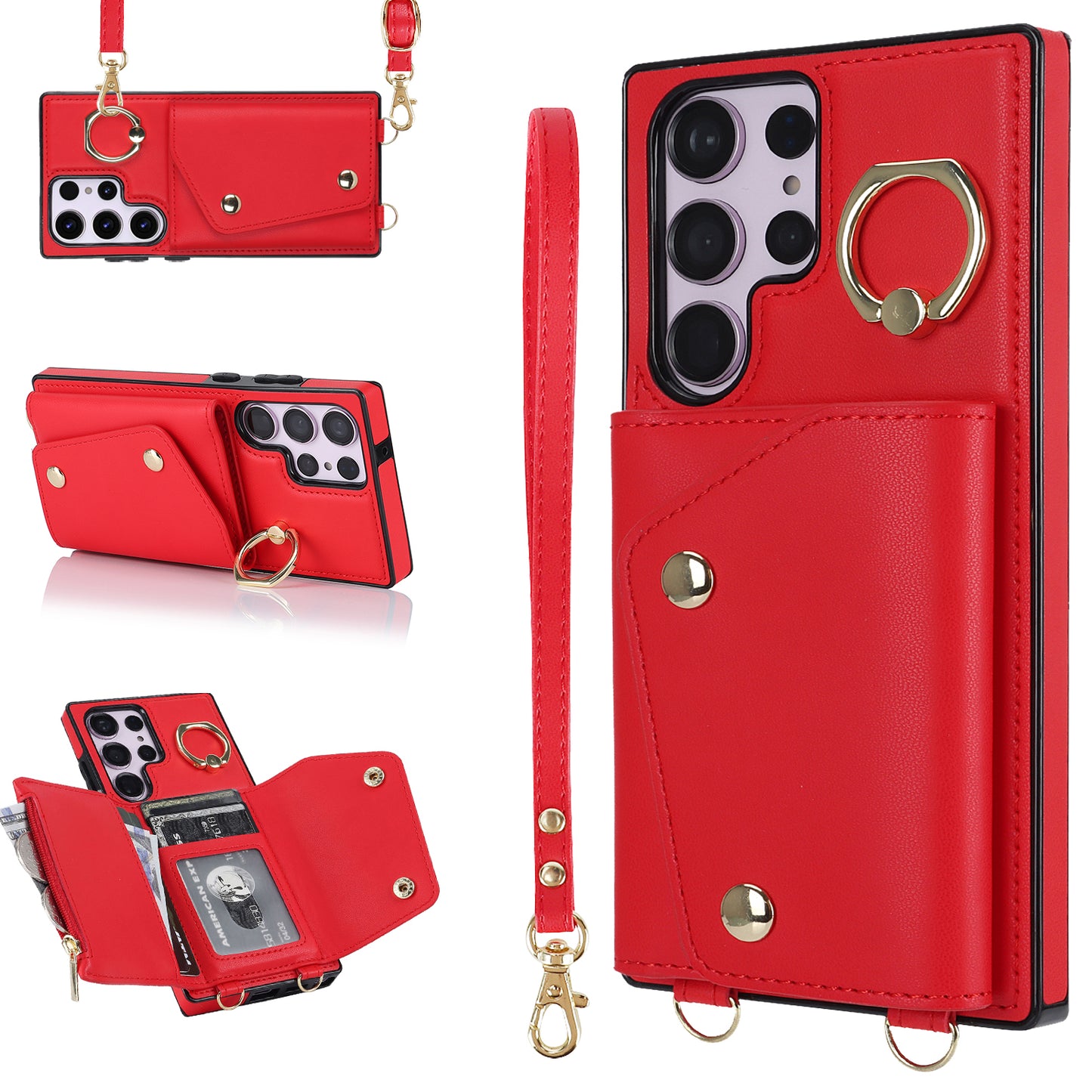 For Samsung Galaxy S23 Ultra Ring Kickstand Zipper Wallet Case PU Leather + TPU Phone Cover
