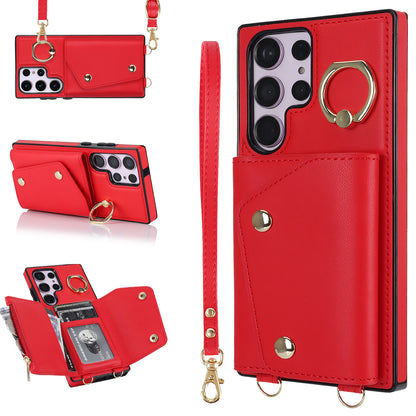 For Samsung Galaxy S23 Ultra Ring Kickstand Zipper Wallet Case PU Leather + TPU Phone Cover