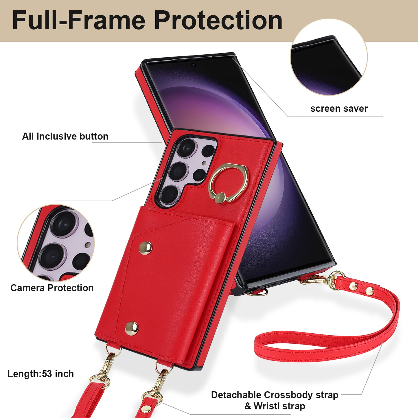 For Samsung Galaxy S23 Ultra Ring Kickstand Zipper Wallet Case PU Leather + TPU Phone Cover