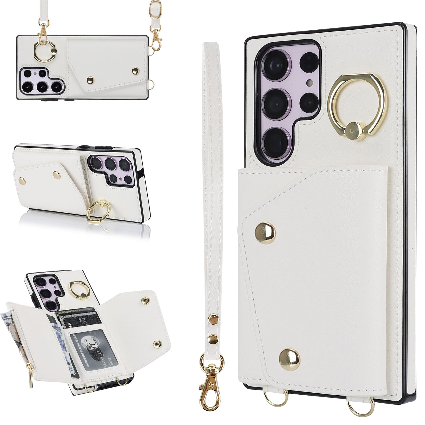 For Samsung Galaxy S23 Ultra Ring Kickstand Zipper Wallet Case PU Leather + TPU Phone Cover