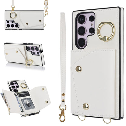 For Samsung Galaxy S23 Ultra Ring Kickstand Zipper Wallet Case PU Leather + TPU Phone Cover