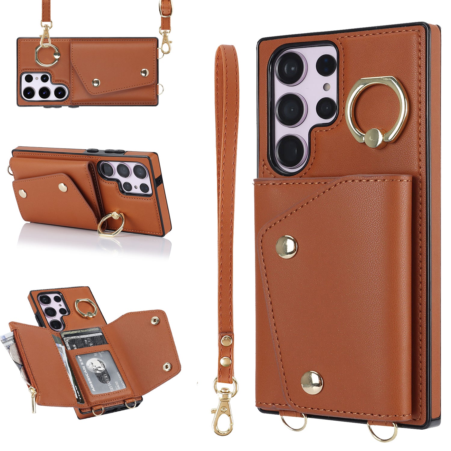 For Samsung Galaxy S23 Ultra Ring Kickstand Zipper Wallet Case PU Leather + TPU Phone Cover
