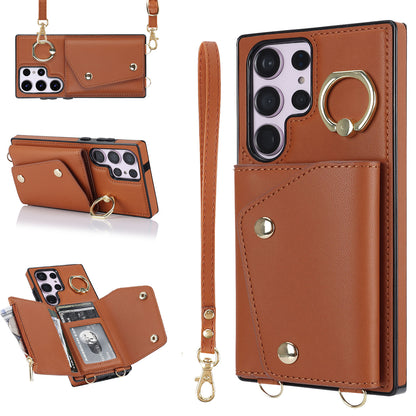 For Samsung Galaxy S23 Ultra Ring Kickstand Zipper Wallet Case PU Leather + TPU Phone Cover