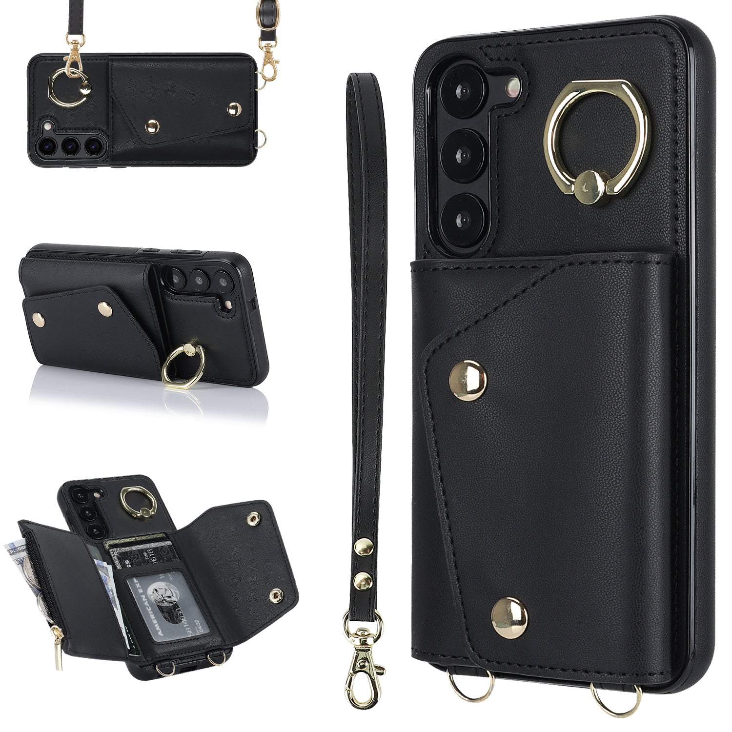 Crossbody Phone Case for Samsung Galaxy S23+ Kickstand Zipper Wallet PU Leather Coated TPU Cover