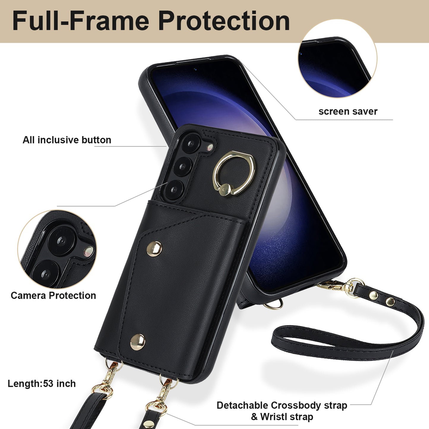 Crossbody Phone Case for Samsung Galaxy S23+ Kickstand Zipper Wallet PU Leather Coated TPU Cover