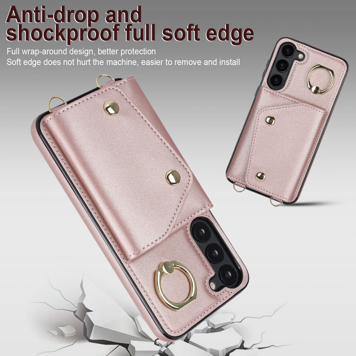 Crossbody Phone Case for Samsung Galaxy S23+ Kickstand Zipper Wallet PU Leather Coated TPU Cover