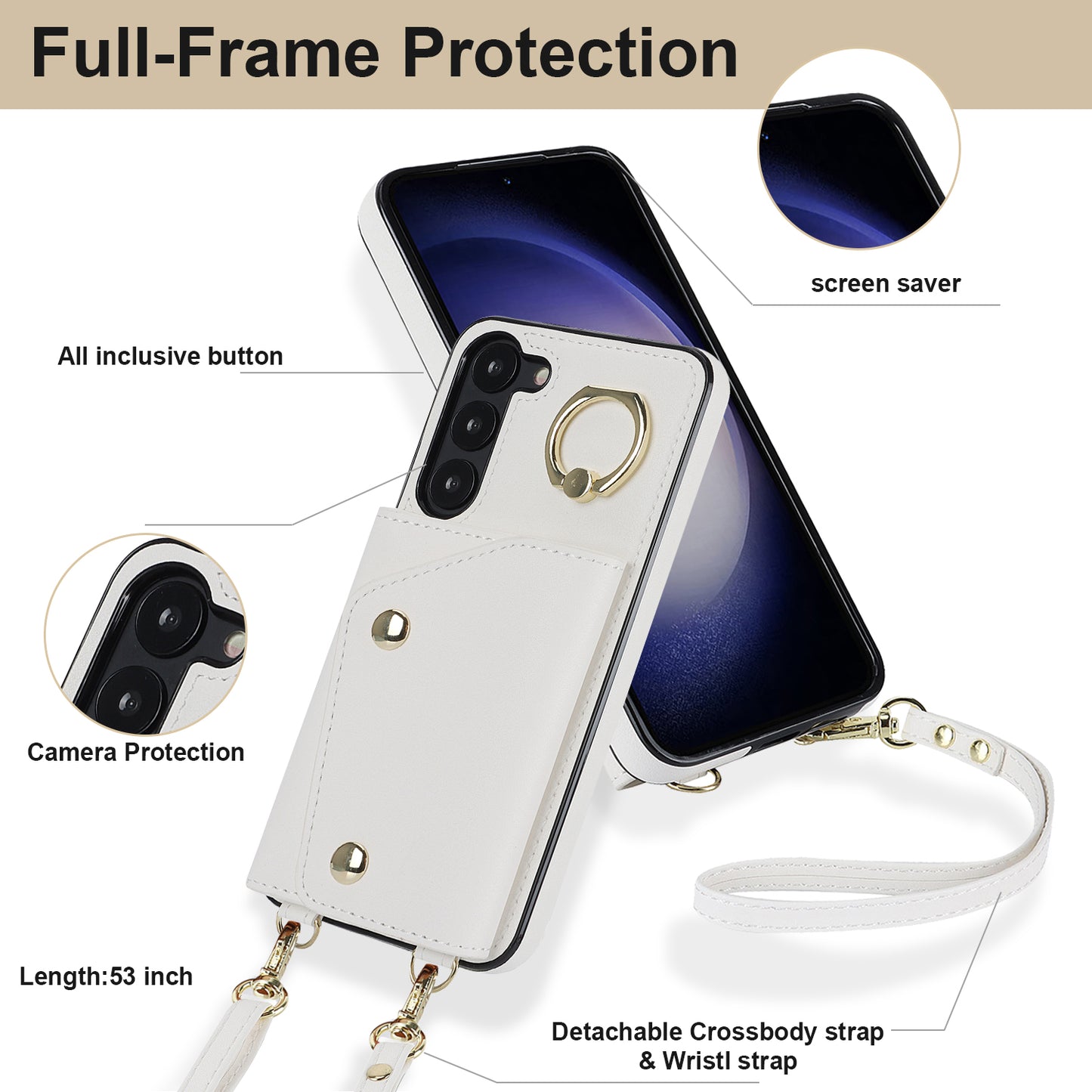 Crossbody Phone Case for Samsung Galaxy S23+ Kickstand Zipper Wallet PU Leather Coated TPU Cover