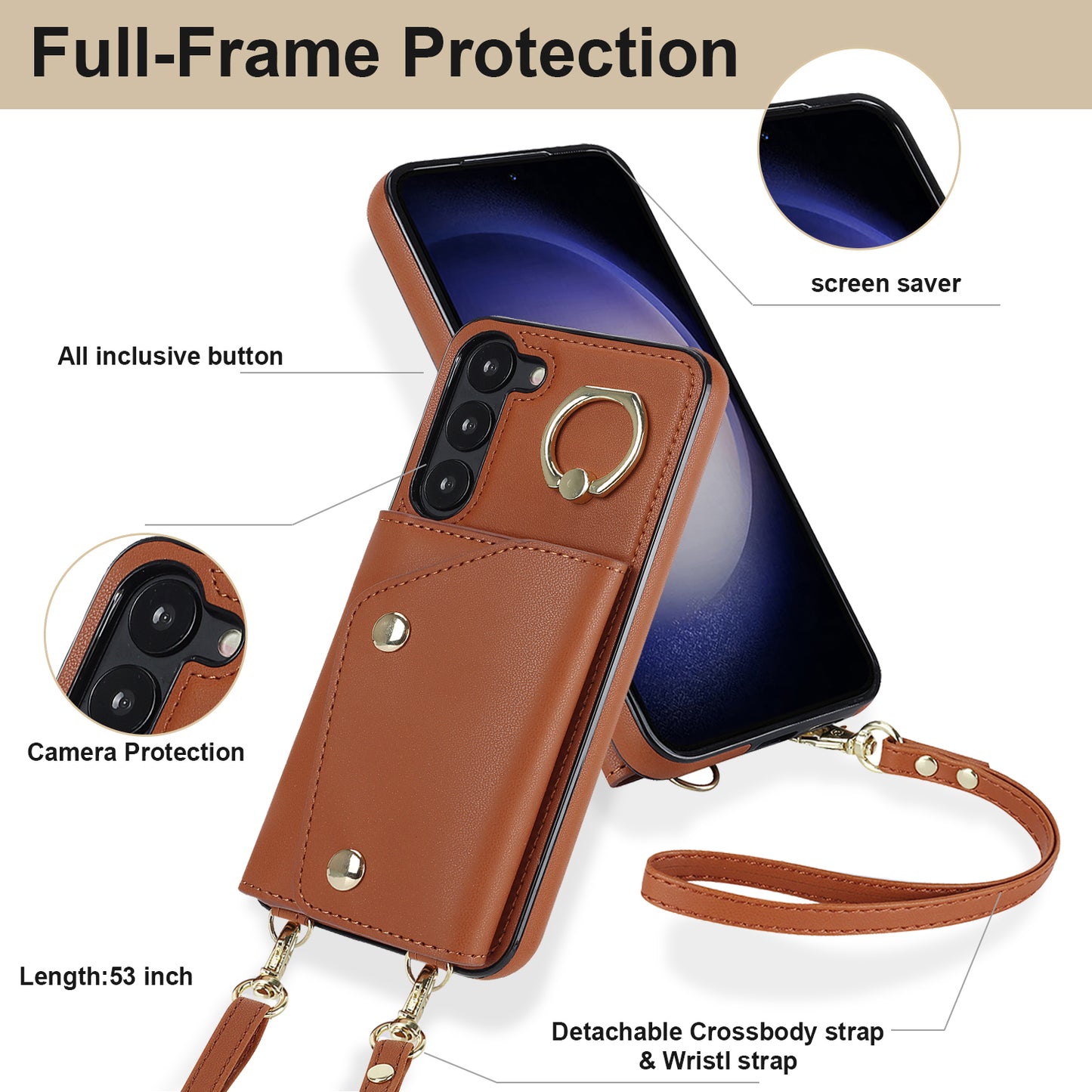 Crossbody Phone Case for Samsung Galaxy S23+ Kickstand Zipper Wallet PU Leather Coated TPU Cover