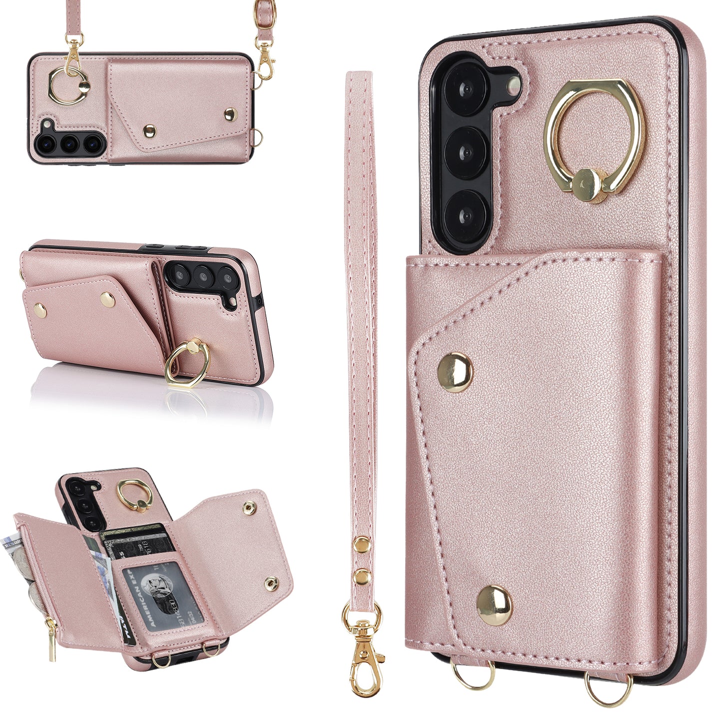 Ring Kickstand Phone Case for Samsung Galaxy S23 Zipper Wallet PU Leather Coated TPU Back Cover