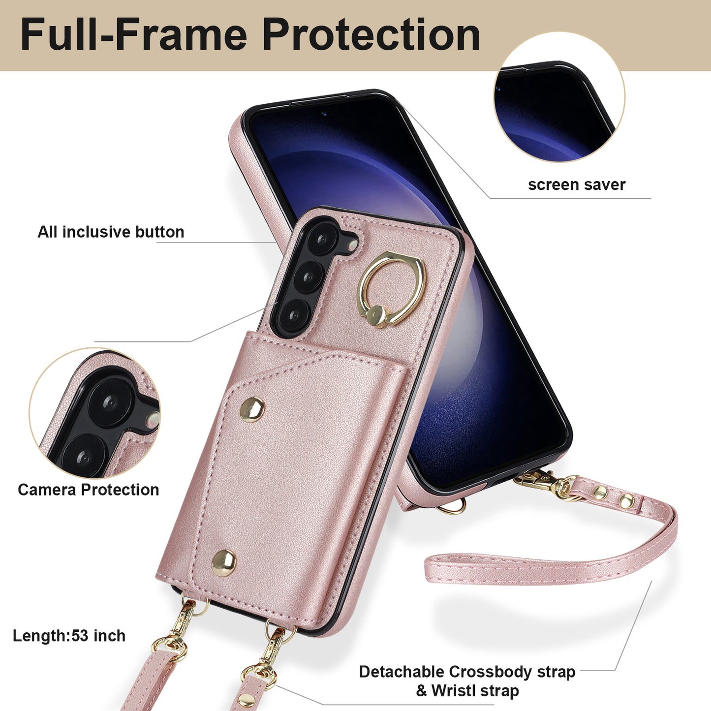 Ring Kickstand Phone Case for Samsung Galaxy S23 Zipper Wallet PU Leather Coated TPU Back Cover