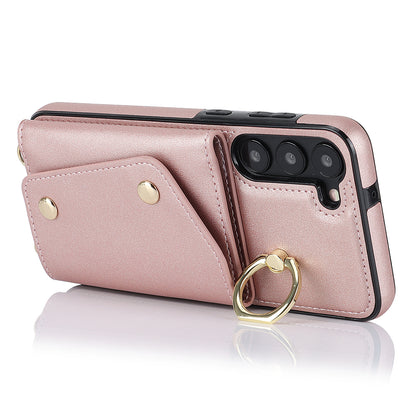 Ring Kickstand Phone Case for Samsung Galaxy S23 Zipper Wallet PU Leather Coated TPU Back Cover