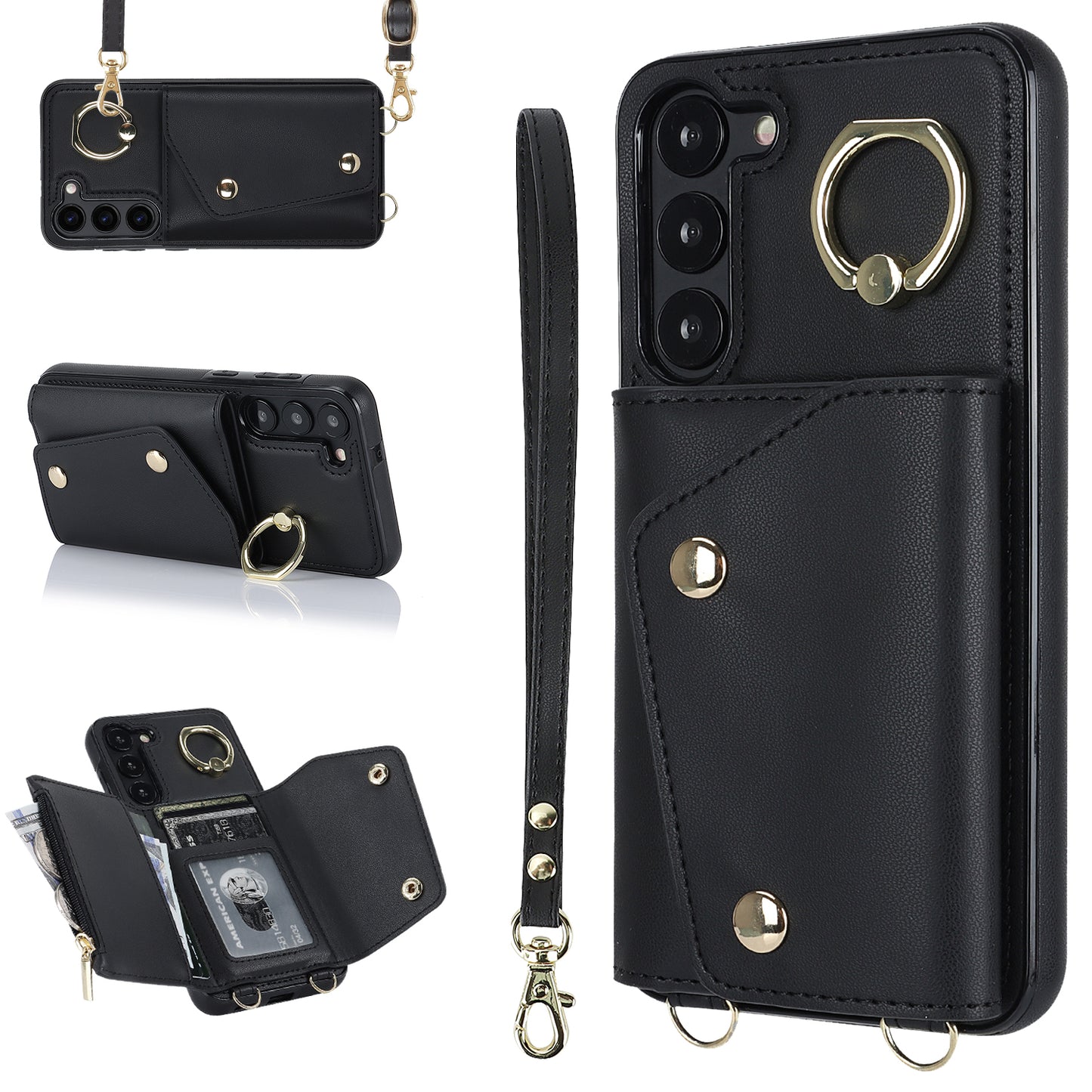 Ring Kickstand Phone Case for Samsung Galaxy S23 Zipper Wallet PU Leather Coated TPU Back Cover