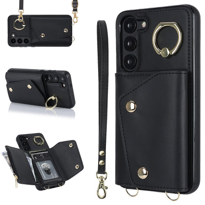 Ring Kickstand Phone Case for Samsung Galaxy S23 Zipper Wallet PU Leather Coated TPU Back Cover