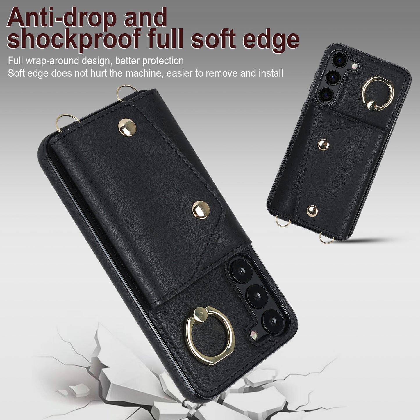 Ring Kickstand Phone Case for Samsung Galaxy S23 Zipper Wallet PU Leather Coated TPU Back Cover