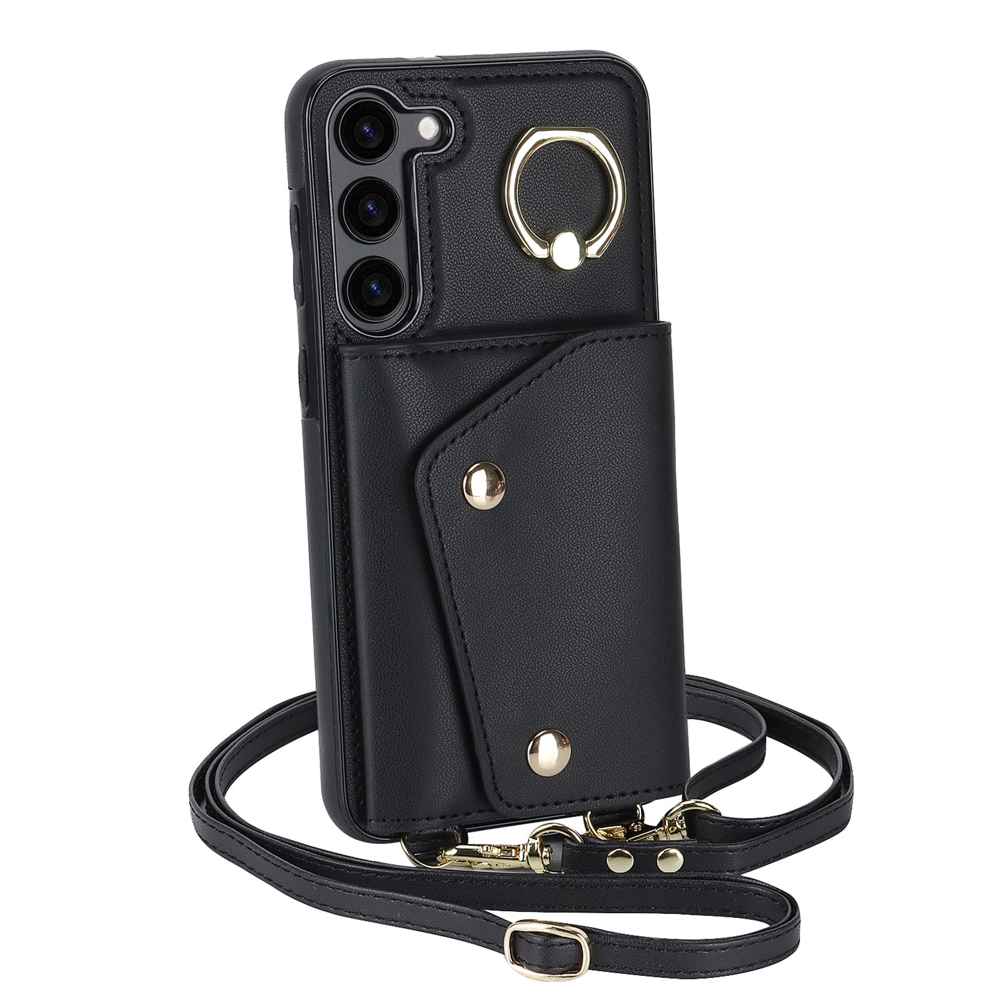 Ring Kickstand Phone Case for Samsung Galaxy S23 Zipper Wallet PU Leather Coated TPU Back Cover