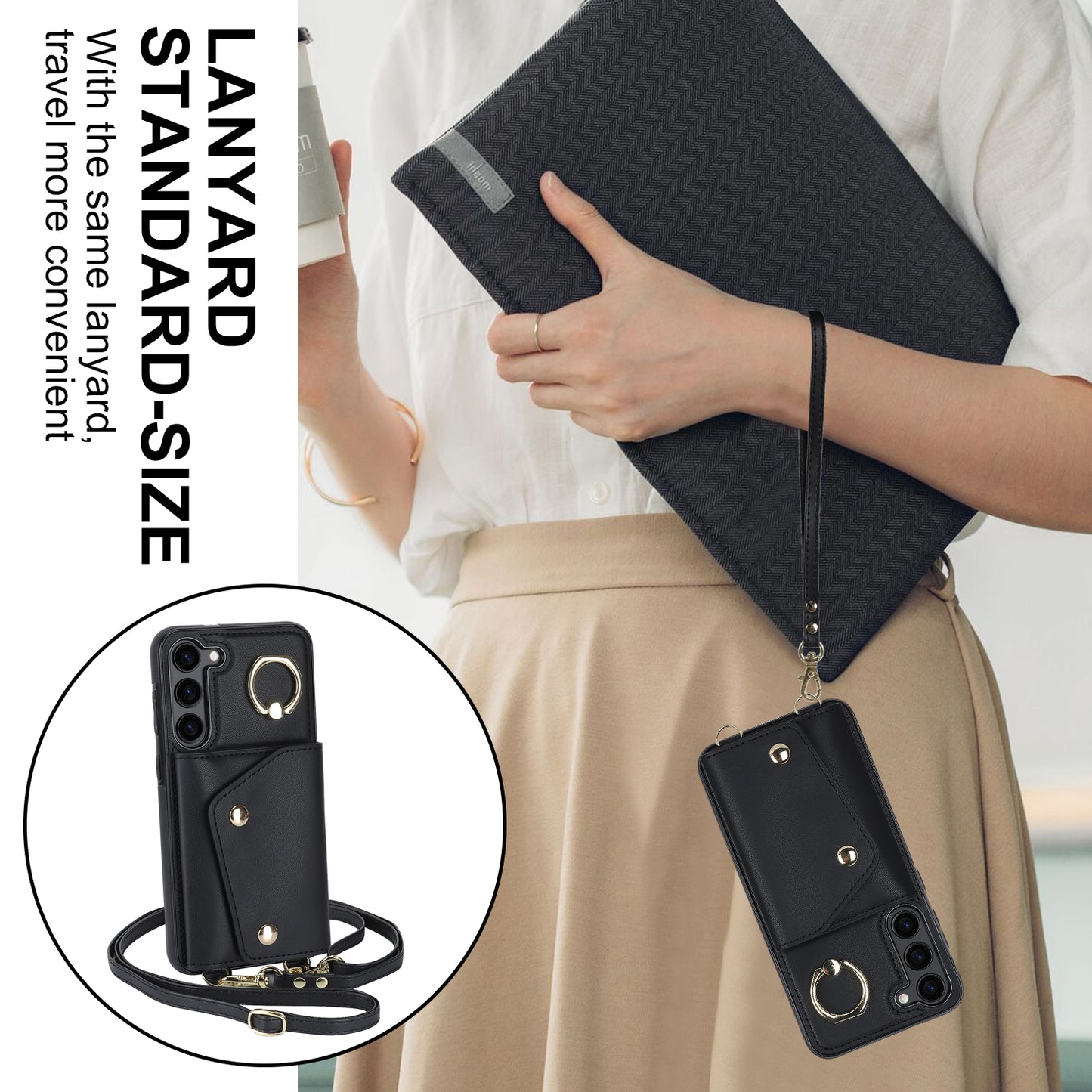 Ring Kickstand Phone Case for Samsung Galaxy S23 Zipper Wallet PU Leather Coated TPU Back Cover