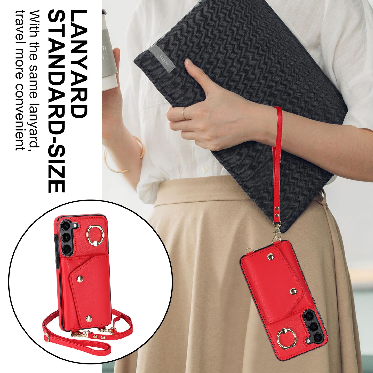 Ring Kickstand Phone Case for Samsung Galaxy S23 Zipper Wallet PU Leather Coated TPU Back Cover