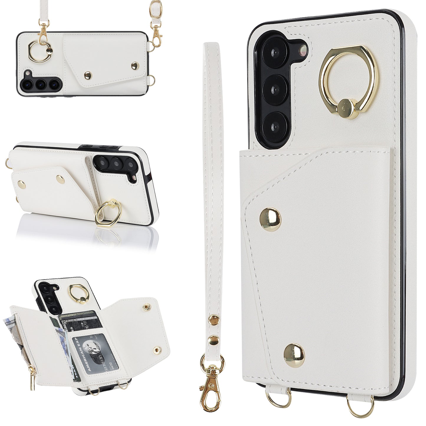 Ring Kickstand Phone Case for Samsung Galaxy S23 Zipper Wallet PU Leather Coated TPU Back Cover