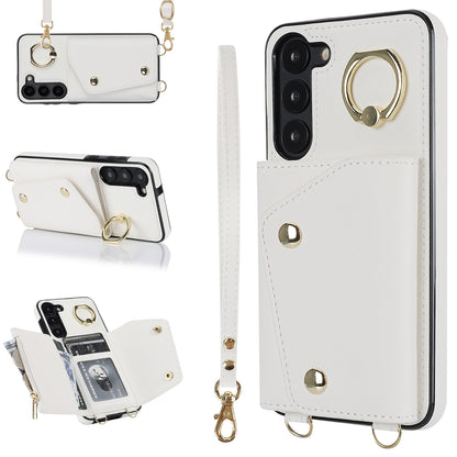 Ring Kickstand Phone Case for Samsung Galaxy S23 Zipper Wallet PU Leather Coated TPU Back Cover