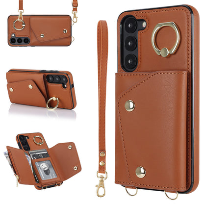 Ring Kickstand Phone Case for Samsung Galaxy S23 Zipper Wallet PU Leather Coated TPU Back Cover