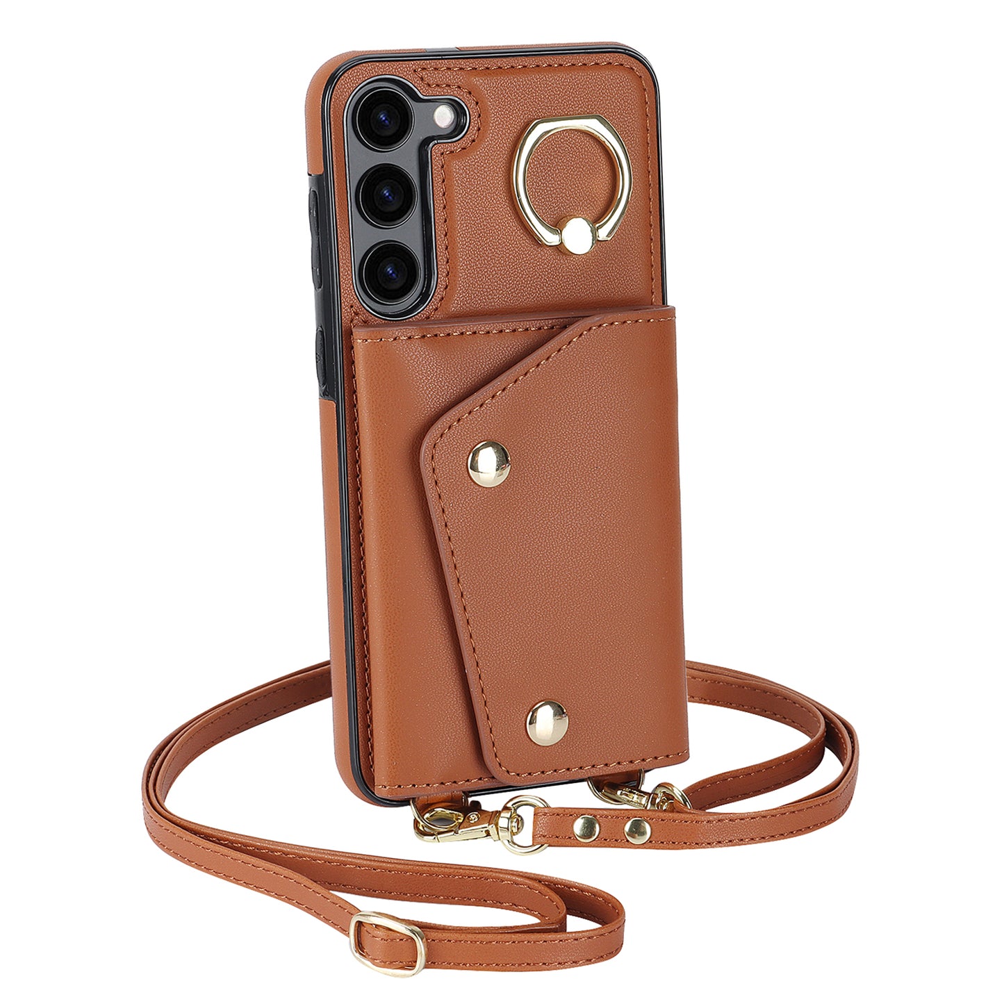 Ring Kickstand Phone Case for Samsung Galaxy S23 Zipper Wallet PU Leather Coated TPU Back Cover