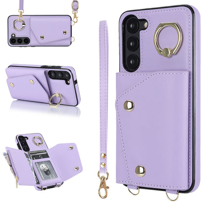 Ring Kickstand Phone Case for Samsung Galaxy S23 Zipper Wallet PU Leather Coated TPU Back Cover