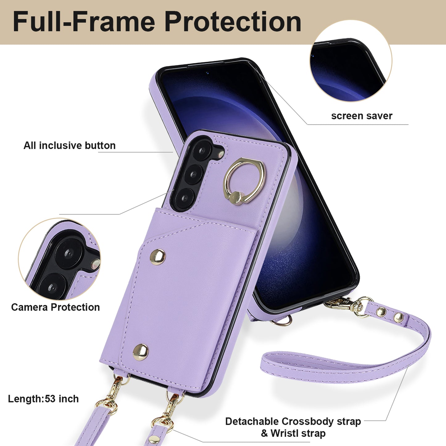 Ring Kickstand Phone Case for Samsung Galaxy S23 Zipper Wallet PU Leather Coated TPU Back Cover