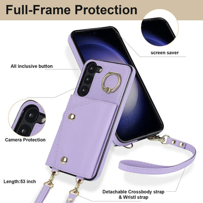 Ring Kickstand Phone Case for Samsung Galaxy S23 Zipper Wallet PU Leather Coated TPU Back Cover