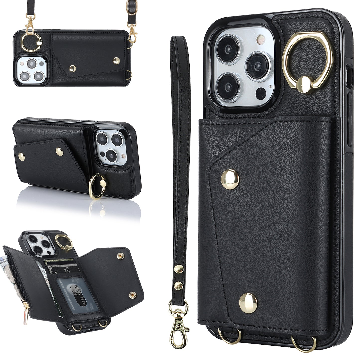 For iPhone 13 Pro Max Zipper Wallet Case Ring Kickstand PU Leather + TPU Phone Cover