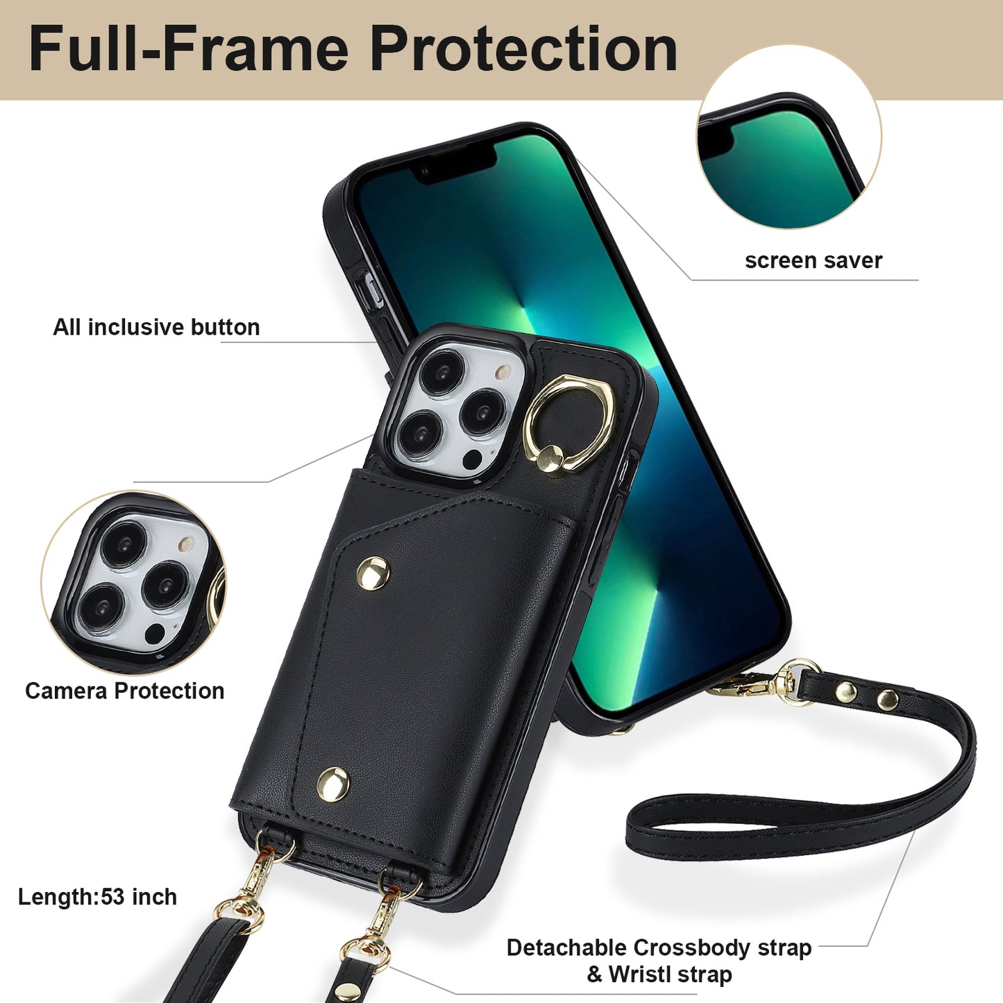 For iPhone 13 Pro Max Zipper Wallet Case Ring Kickstand PU Leather + TPU Phone Cover