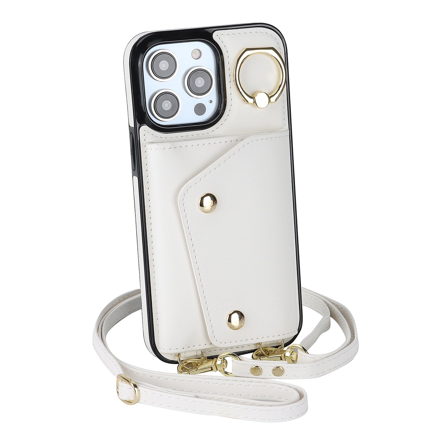 For iPhone 13 Pro Max Zipper Wallet Case Ring Kickstand PU Leather + TPU Phone Cover