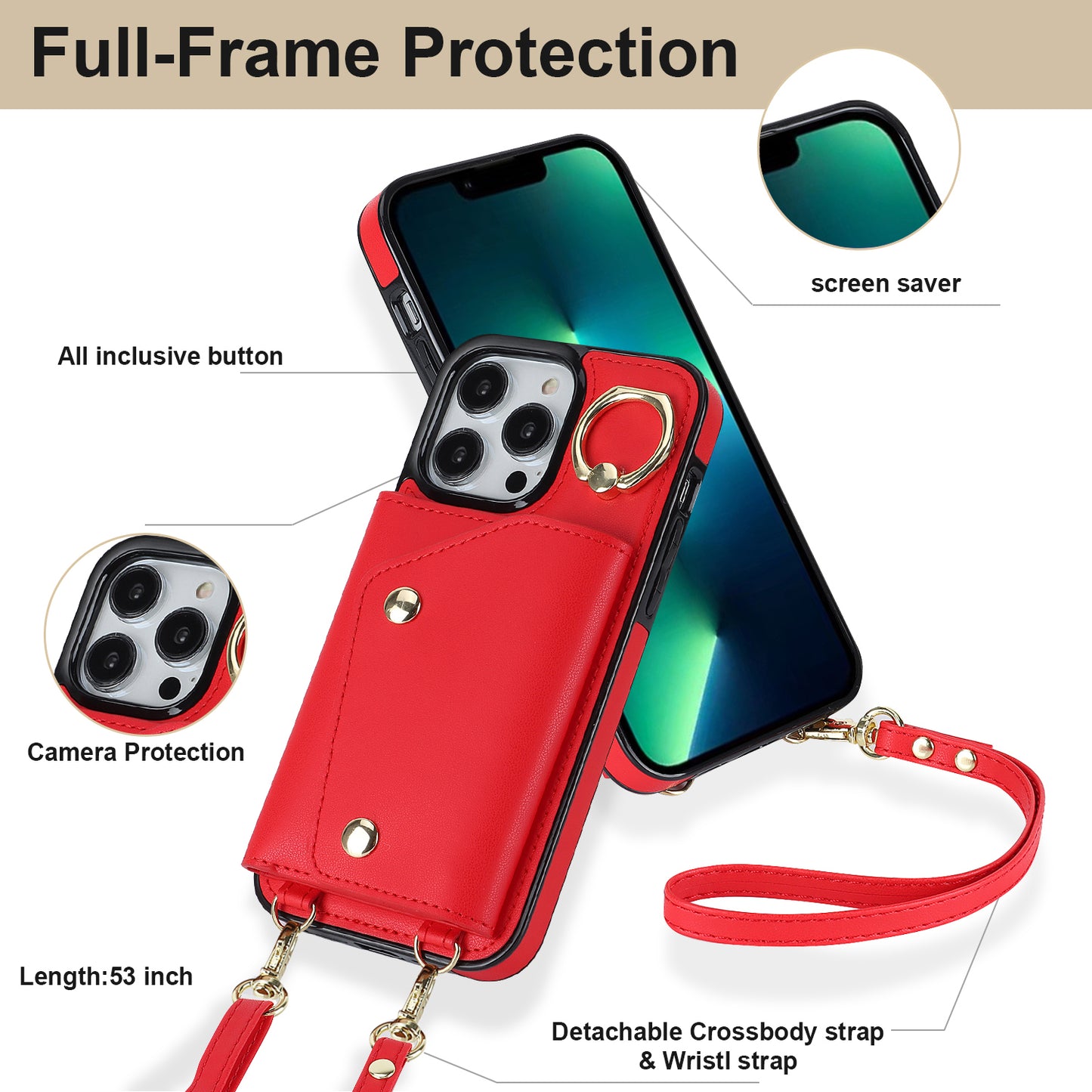 For iPhone 13 Pro Max Zipper Wallet Case Ring Kickstand PU Leather + TPU Phone Cover