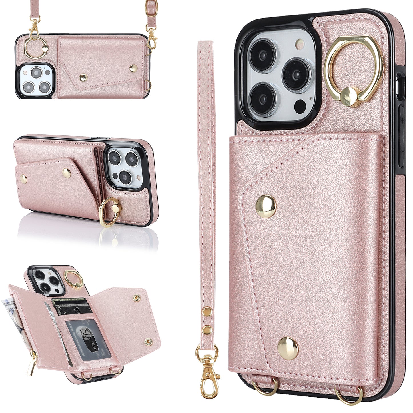 For iPhone 13 Pro Max Zipper Wallet Case Ring Kickstand PU Leather + TPU Phone Cover