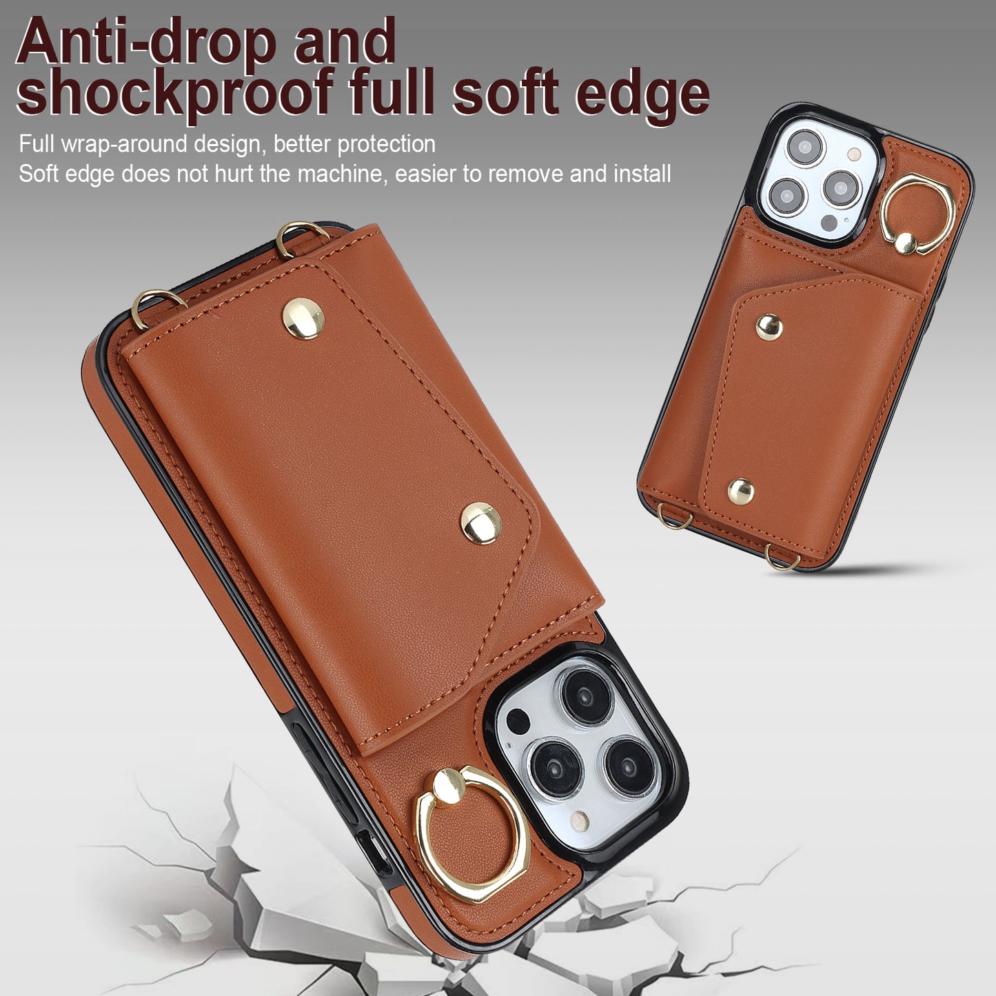 For iPhone 13 Pro Max Zipper Wallet Case Ring Kickstand PU Leather + TPU Phone Cover