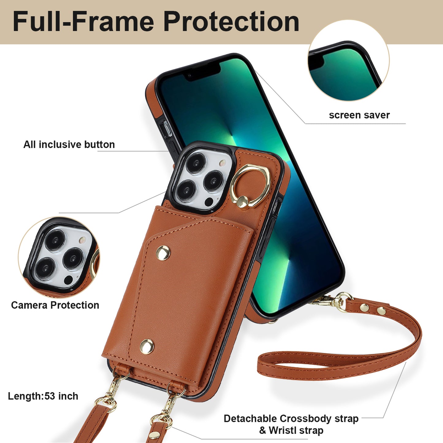 For iPhone 13 Pro Max Zipper Wallet Case Ring Kickstand PU Leather + TPU Phone Cover