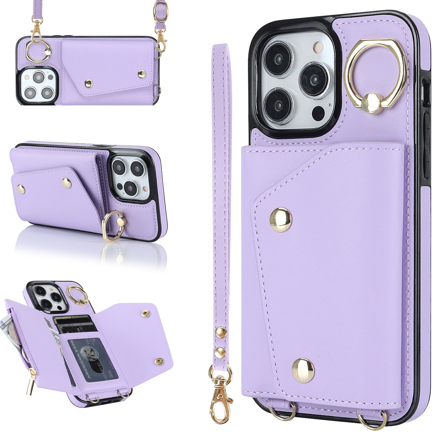 For iPhone 13 Pro Max Zipper Wallet Case Ring Kickstand PU Leather + TPU Phone Cover