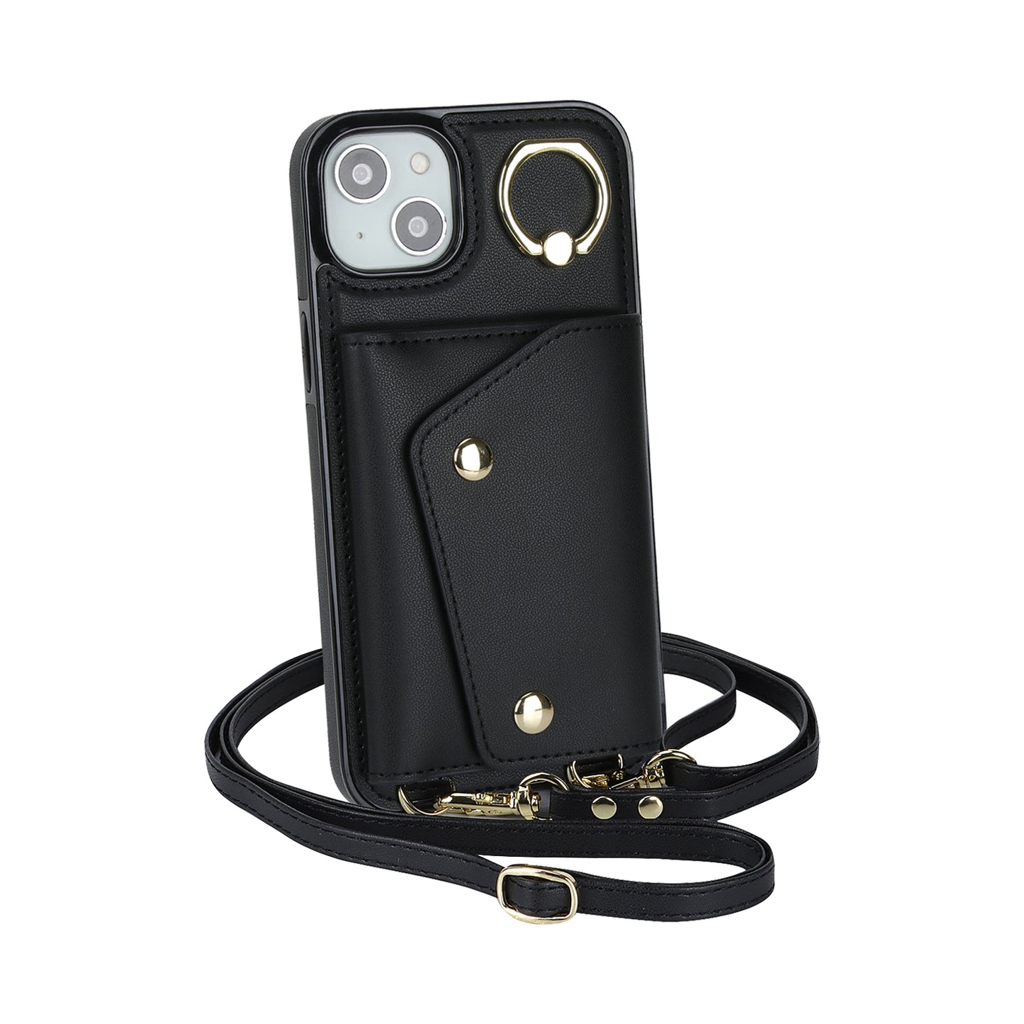 Zipper Wallet Leather Coated TPU Phone Case for iPhone 14 Ring Holder Kickstand Phone Cover