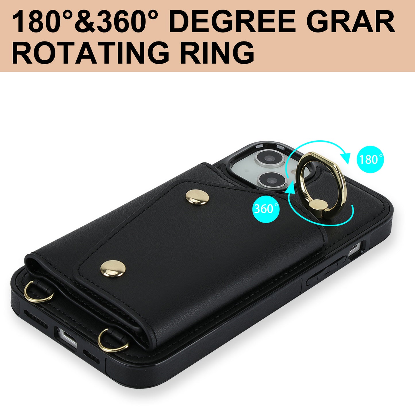 Zipper Wallet Leather Coated TPU Phone Case for iPhone 14 Ring Holder Kickstand Phone Cover